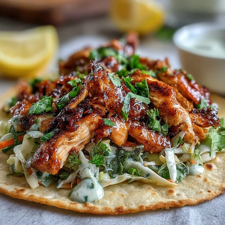 Flavorful roasted chicken tacos topped with crunchy red and green cabbage slaw, drizzled with creamy lemon sauce.  