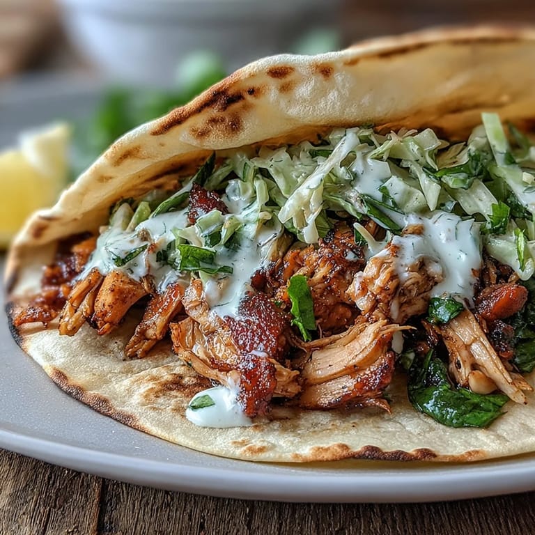 Fresh and vibrant cabbage slaw tacos filled with tender shredded chicken and zesty lemon crema for a light meal.
