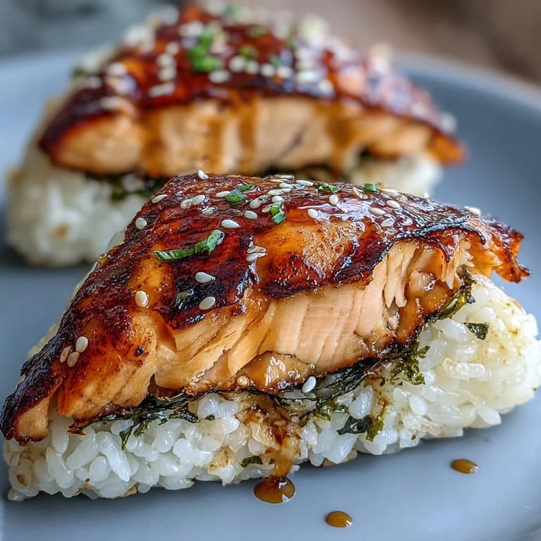 Delicious grilled salmon onigiri featuring flaky salmon nestled in seasoned rice, ideal for picnics or lunchboxes.