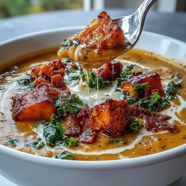 Creamy sweet potato chowder with smoky pancetta and fresh kale, served steaming hot in a rustic soup bowl.