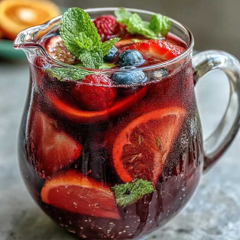 Chilled hibiscus berry tea garnished with mint, a beautiful summer beverage.