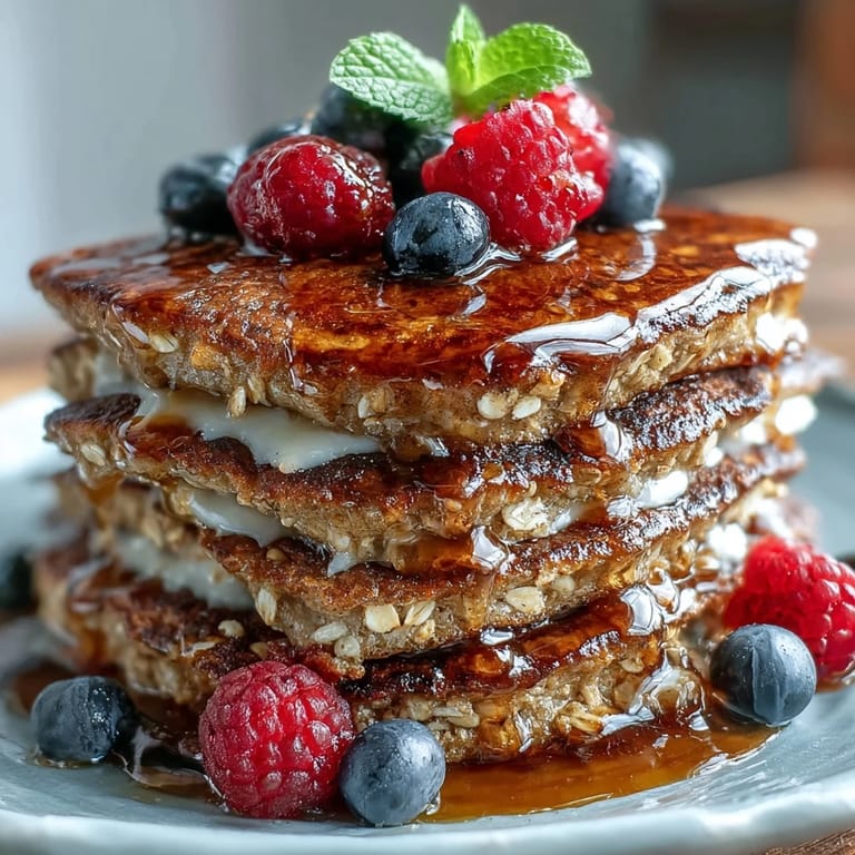 Fluffy, whole grain High Fiber Protein Pancakes topped with fresh berries.