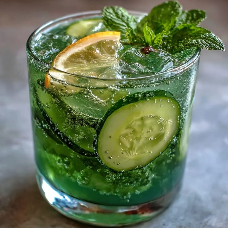 Cooling Sparkling Cucumber Mint Lemonade Mocktail garnished with lemon, refreshing and bright.