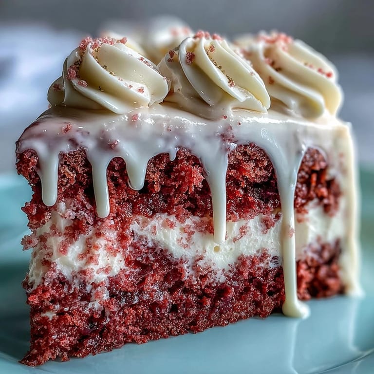 Decadent Rosé Velvet Cake topped with luscious frosting and edible gold accent.