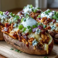 Golden roasted sweet potato boats overflowing with tender honey BBQ chicken, melted cheddar, and fresh green onions.
