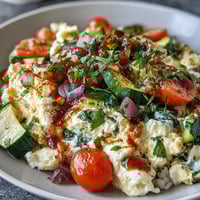 Fluffy egg white scramble with colorful bell peppers, zucchini, and spinach, topped with zesty salsa for a healthy breakfast.  
