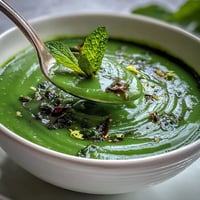 A steaming bowl of green detox vegetable soup with zucchini and peas, vibrant and fresh, garnished with parsley and lemon zest.