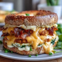 Hearty protein bagels stacked with fluffy baked eggs, melted cheddar, and fresh spinach for a satisfying breakfast sandwich.