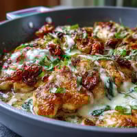 Creamy Tuscan Chicken Skillet with tender chicken in a rich garlic cream sauce with sun-dried tomatoes and spinach.