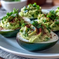 Vibrant green avocado deviled eggs with fresh herbs, perfect for spring parties and healthy appetizers.