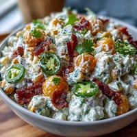 Creamy Corn Salad with Jalapeño, bursting with sweet corn, crunchy veggies, and zesty jalapeño in a tangy dressing.