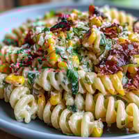 Vibrant Elote Corn Pasta Salad with Cotija cheese, charred corn, red bell pepper, and zesty lime dressing. A colorful, vegetarian Mexican-inspired dish perfect for summer gatherings.