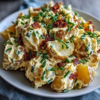 Classic Deviled Egg Potato Salad with creamy dressing, tender potatoes, and tangy mustard served in a large bowl with fresh chives on top.