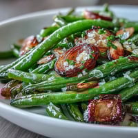 Roasted garlic green beans with caramelized garlic and a hint of lemon zest, perfect for a savory Easter side dish.  