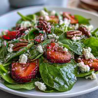Spring Strawberry Spinach Salad with goat cheese, strawberries, and candied pecans on a white plate. A light, refreshing side dish perfect for spring and Easter gatherings.