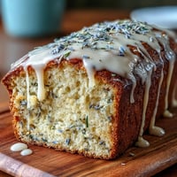 A golden lemon lavender loaf cake topped with a glossy honey glaze, perfect for a fragrant teatime treat.