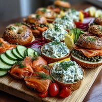 A vibrant Mother's Day brunch board with silky smoked salmon, toasted bagels, and creamy spreads for an elegant start to the day.