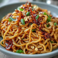 Spicy chili crisp noodles in a bowl, garnished with scallions and roasted peanuts for a crunchy, savory bite.  