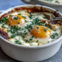 Easter Eggs en Cocotte with herbed cream and parmesan, baked until yolks are just set in individual ramekins.