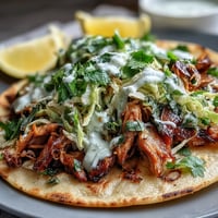 Roasted Chicken Cabbage Tacos with zesty lemon crema and crisp marinated slaw served on warm tortillas.  