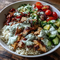 Middle Eastern Shawarma Bowl, bursting with spiced chicken and creamy tahini.